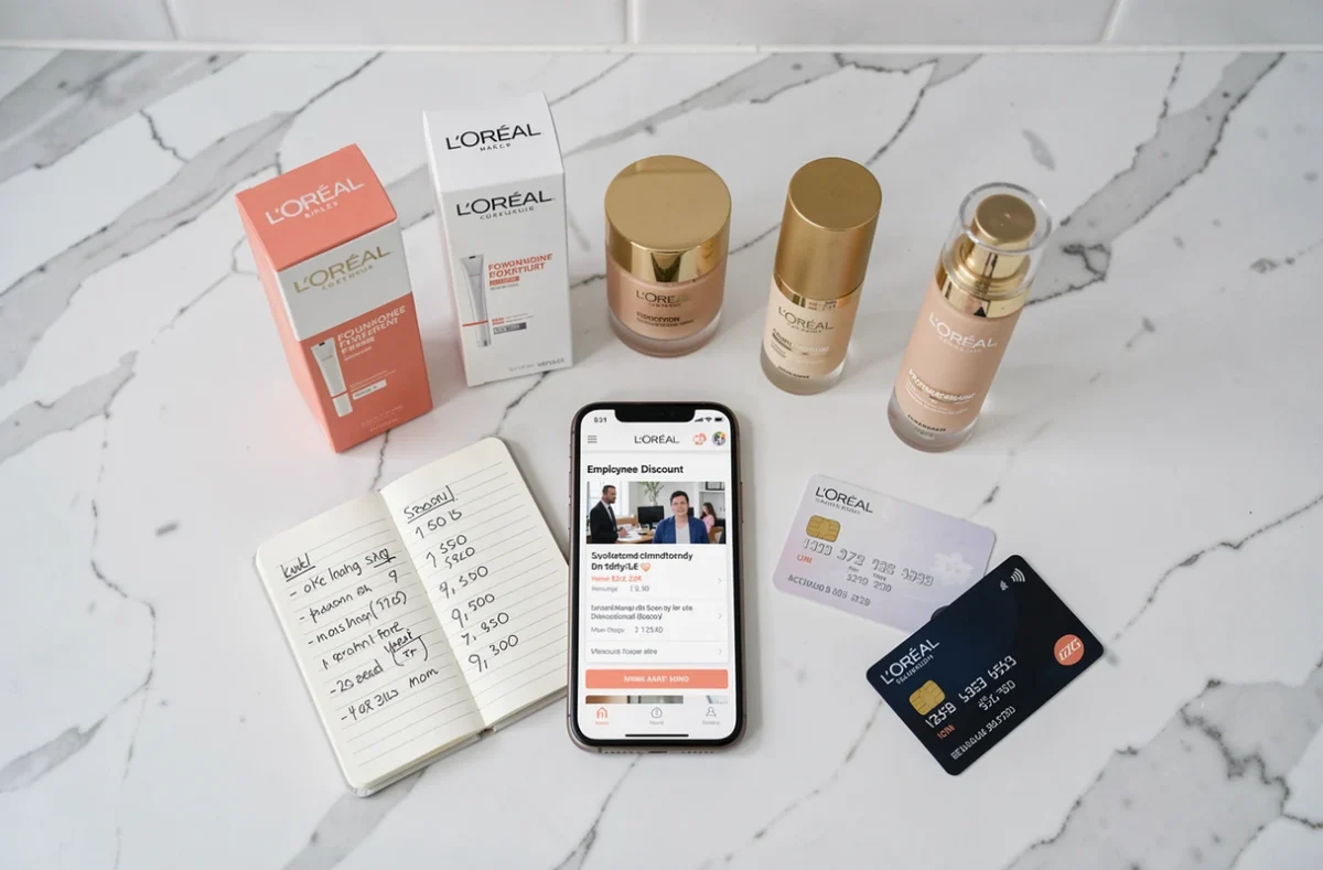Flat lay de produits L'Oréal avec smartphone affichant un site de vente interne et comparaison de prix