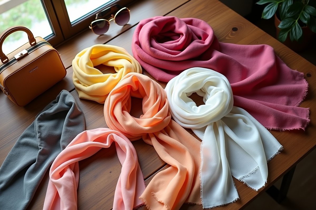 Foulards colorés et accessoires de mode sur une table en bois