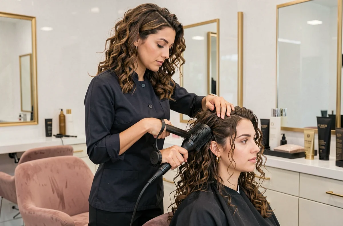 Coiffeuse soufflant les cheveux d'une cliente au salon Glamour Coiffure à Eaubonne
