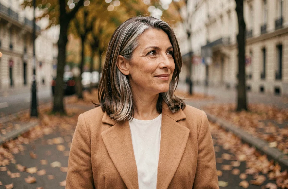 Femme brune avec grey blending argent aux tempes portant un manteau camel dans une rue parisienne en automne