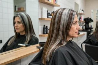 Femme brune aux racines grises assumées réalisées par technique de grey blending dans un salon de coiffure moderne