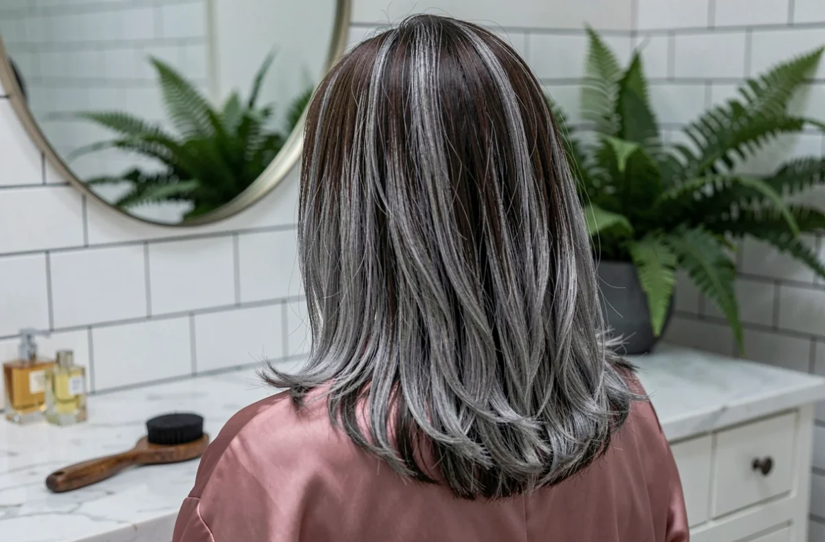 Dos d'une femme brune avec un grey blending parfait entre brun foncé et gris argenté, vue de dos dans une salle de bain élégante