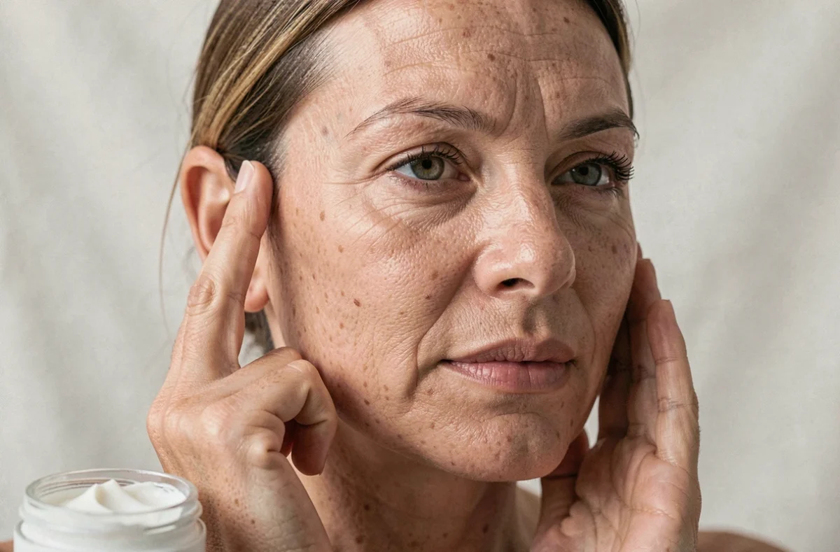 Gros plan sur le visage d'une femme appliquant une crème anti-rides sur la joue, illustrant l'effet du Wrinkle Power sur la peau mature