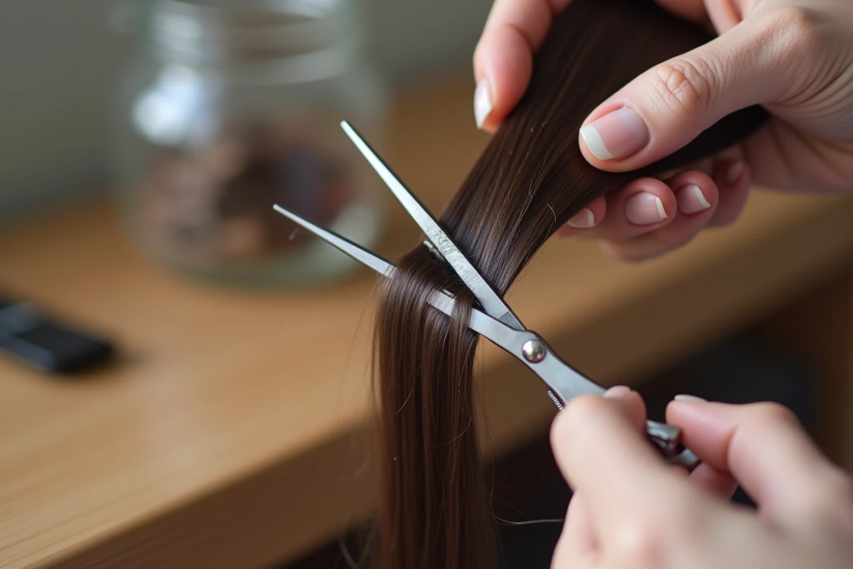 Gros plan sur des mains tenant des ciseaux de coiffure pour couper les pointes de cheveux fins et fragiles