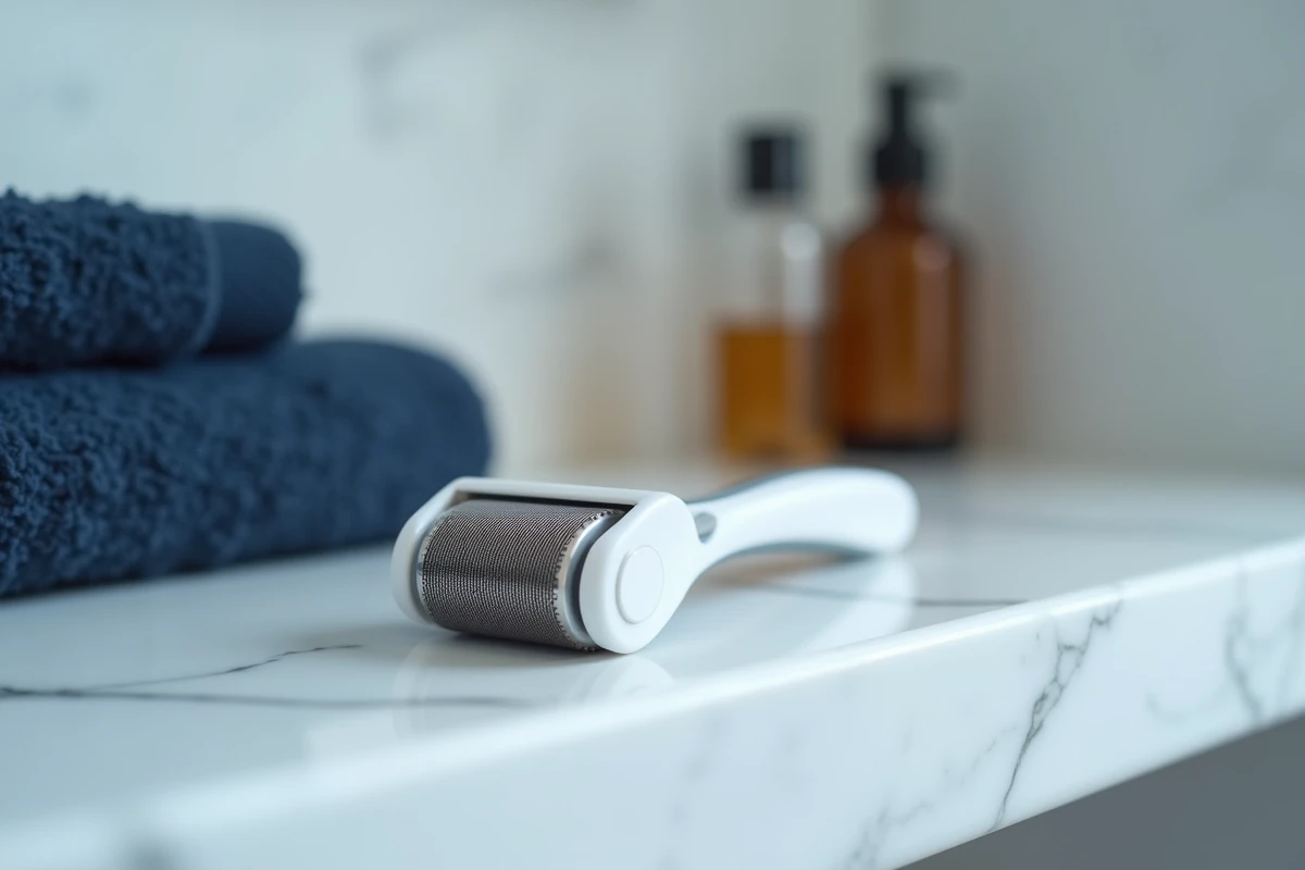Gros plan d'un dermaroller microneedling pour la barbe posé sur une étagère en marbre avec un sérum et une serviette