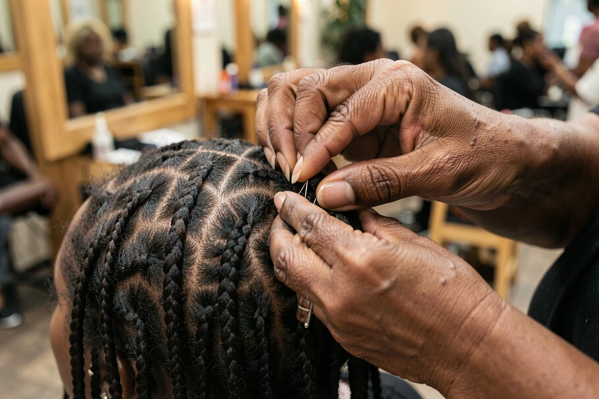 Gros plan sur les mains expertes d'une coiffeuse réalisant des cornrows sur cheveux afro naturels