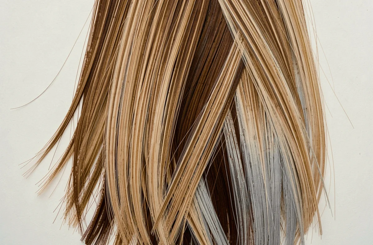 Gros plan sur des mèches de cheveux châtains avec balayage blond sans reflets orangés