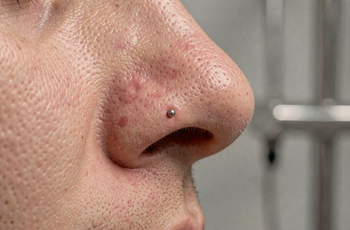 Gros plan sur un piercing de nez avec légère irritation cutanée autour du bijou, illustrant les signes de rejet d'un piercing réalisé au gun