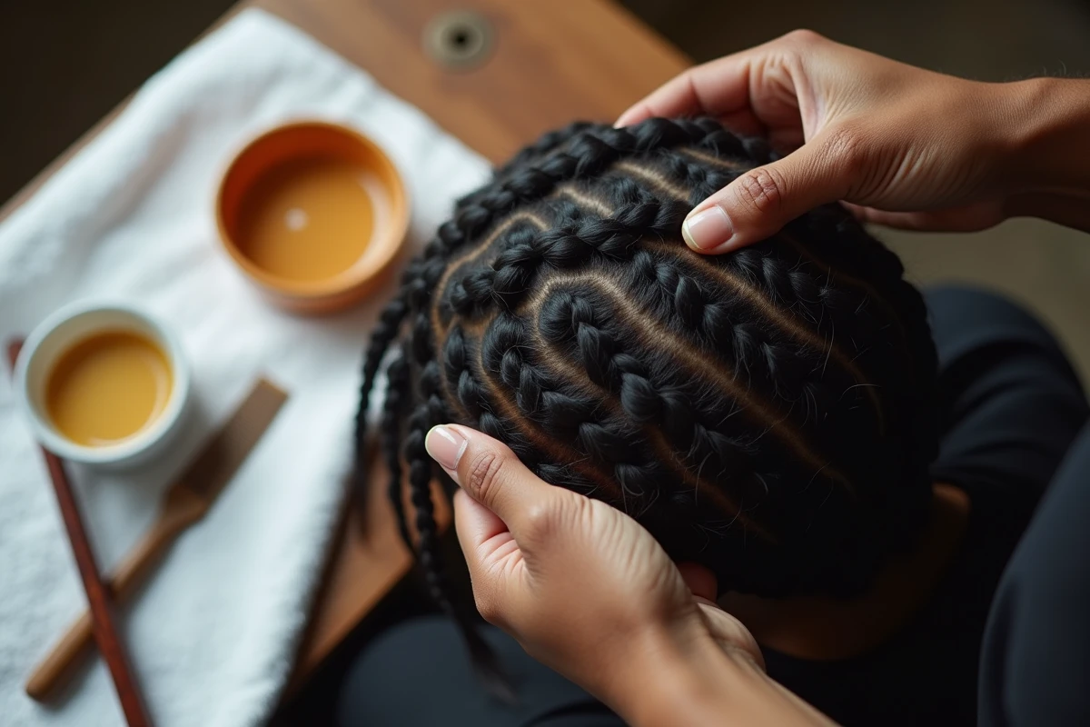 Gros plan sur des mains tressant une tresse africaine collée au cuir chevelu avec du gel et un peigne sur une table en bois