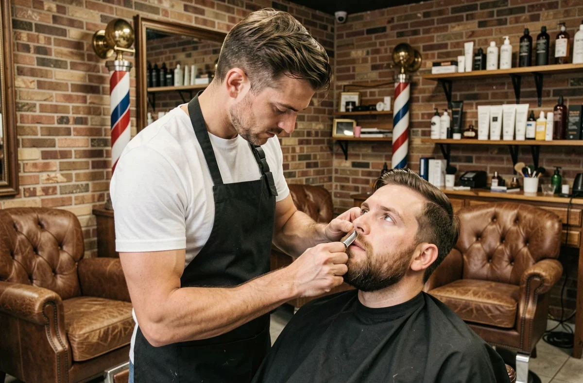 Barbier façonnant la barbe d'un client avec un rasoir droit au salon Heat Barber dans le Val-d'Oise