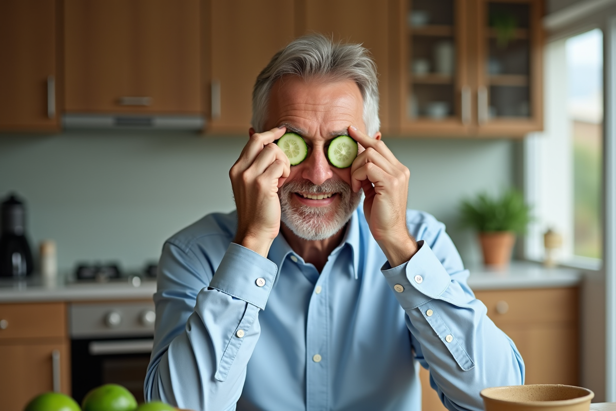 Homme posant tranches de concombre sous les yeux