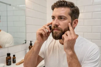 Homme appliquant de l'huile à barbe dans une salle de bain pour entretenir et uniformiser sa barbe sur les joues