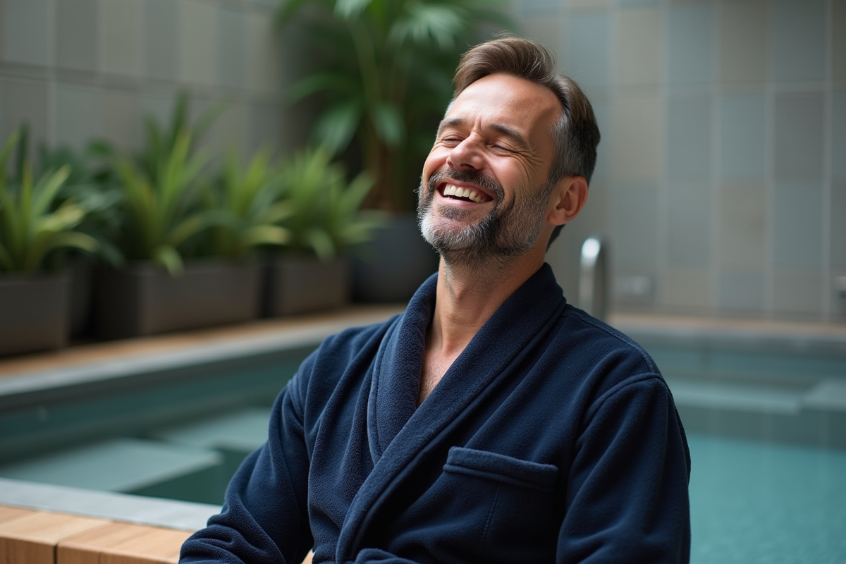 Homme en peignoir dans un spa intérieur calme