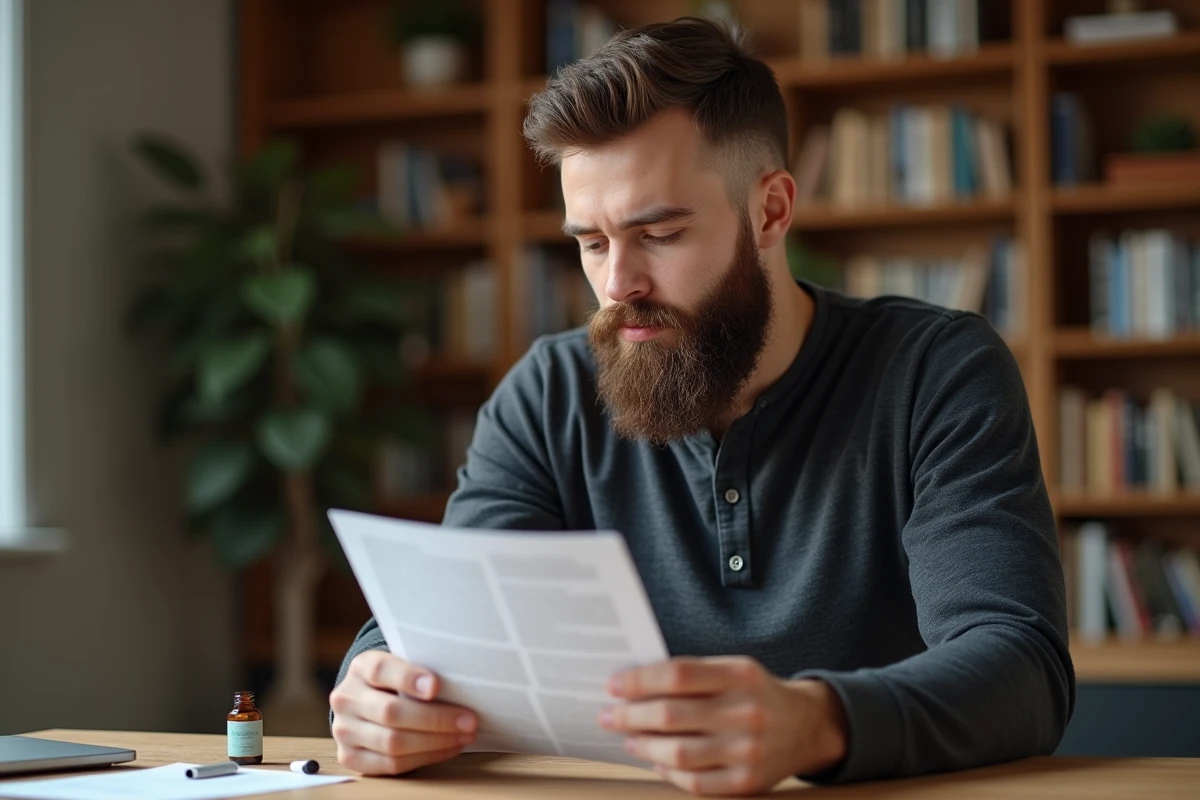 Homme à la barbe pleine lisant des informations sur le dermaroller pour la barbe assis à un bureau en bois avec l'outil posé devant lui