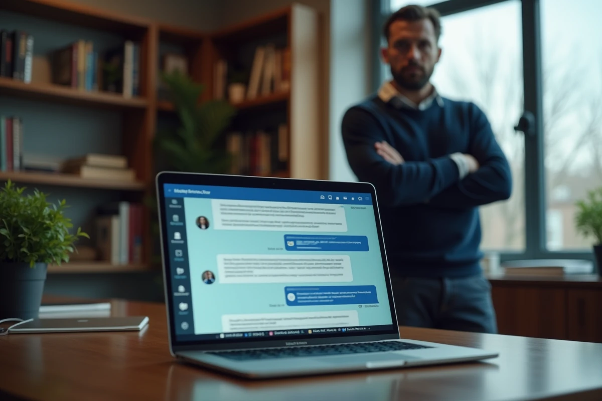 Homme regardant un ordinateur portable dans un bureau à domicile
