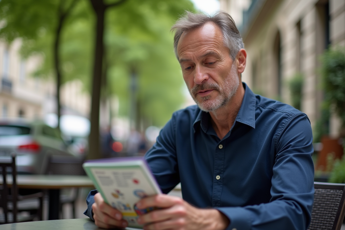 Homme lisant un dépliant dans un café parisien