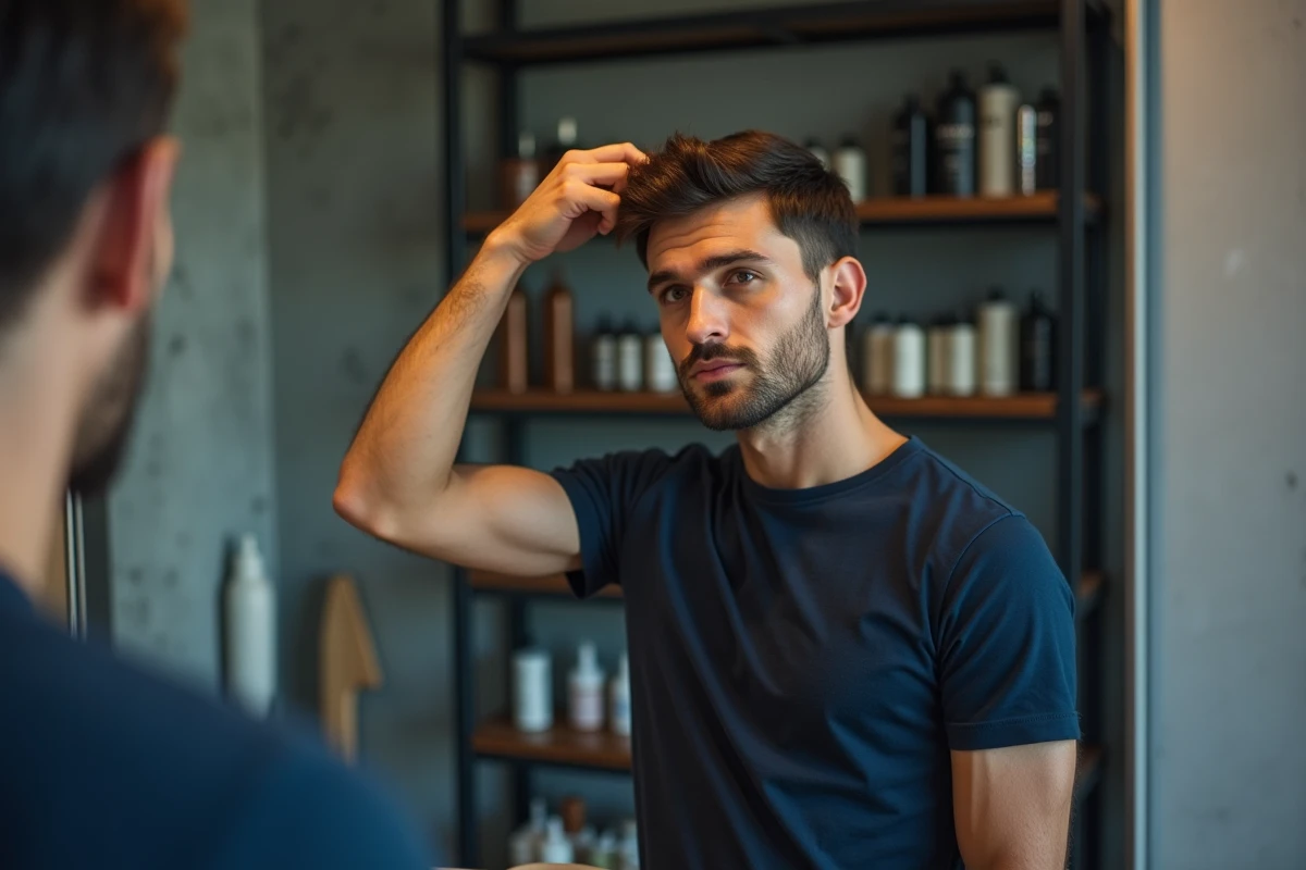 Homme coiffant ses cheveux courts avec du gel en poudre devant un miroir dans un appartement loft industriel
