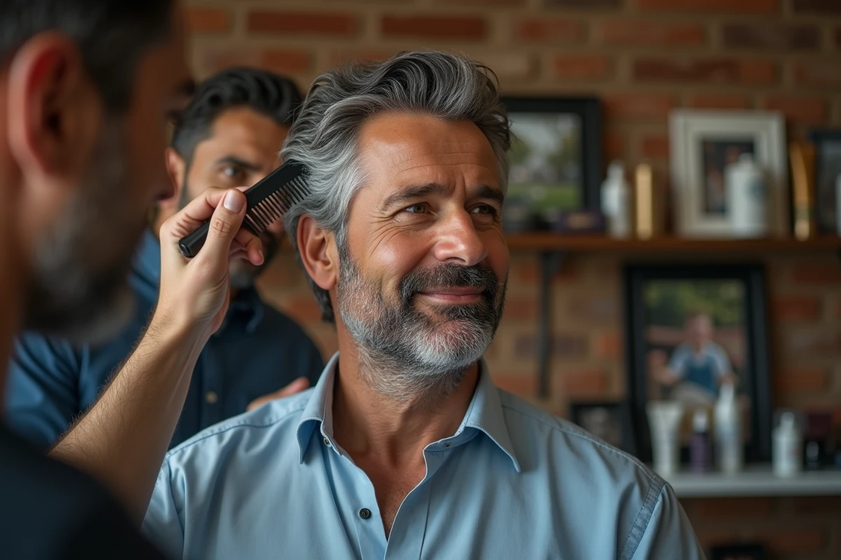 Homme avec cheveux ondulés en studio maison en train de se faire coiffer