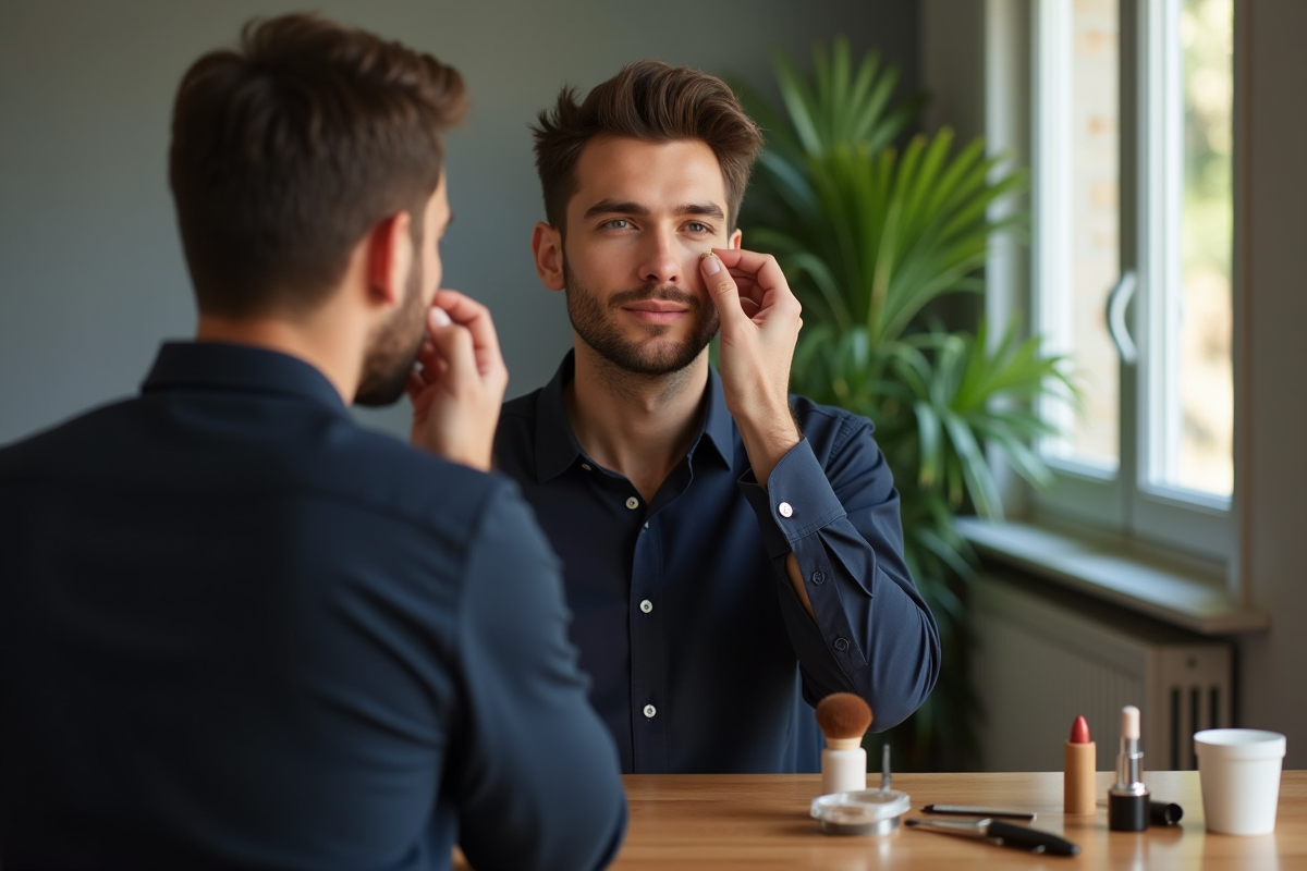 Jeune homme appliquant du concealer sur un vanity lumineux
