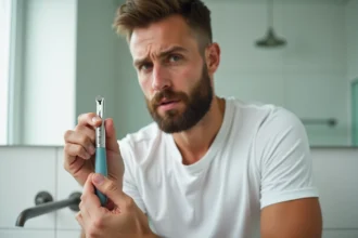 Homme tenant un dermaroller pour la barbe dans une salle de bain, examinant l'outil avec une expression dubitative