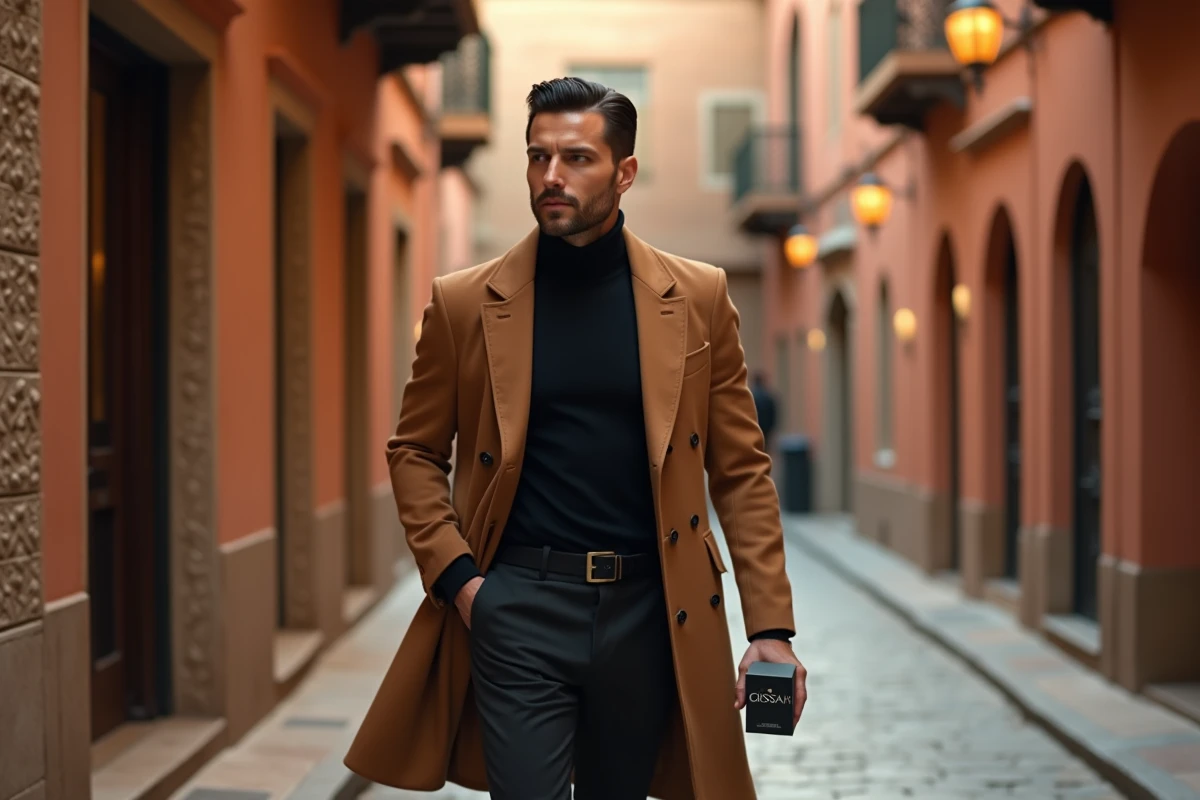 Homme élégant portant un coffret de parfum Gissah dans une ruelle aux influences orientales