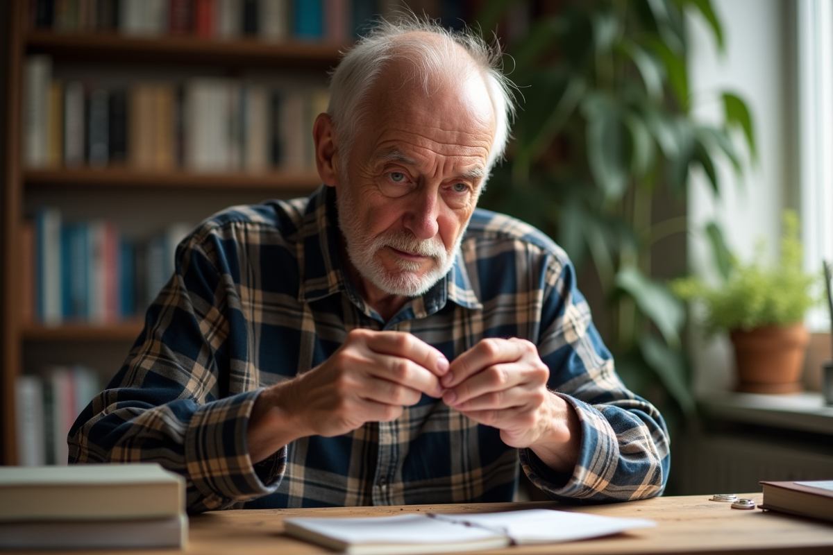 Homme âgé utilisant du fil dentaire pour retirer une bague