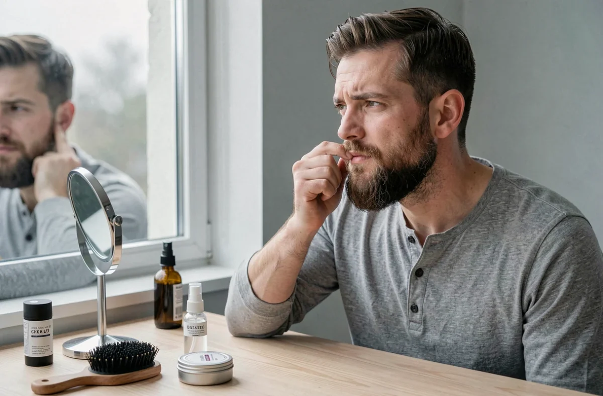 Homme examinant la densité de sa barbe sur les joues avec un miroir et des produits de soin posés sur un bureau en bois