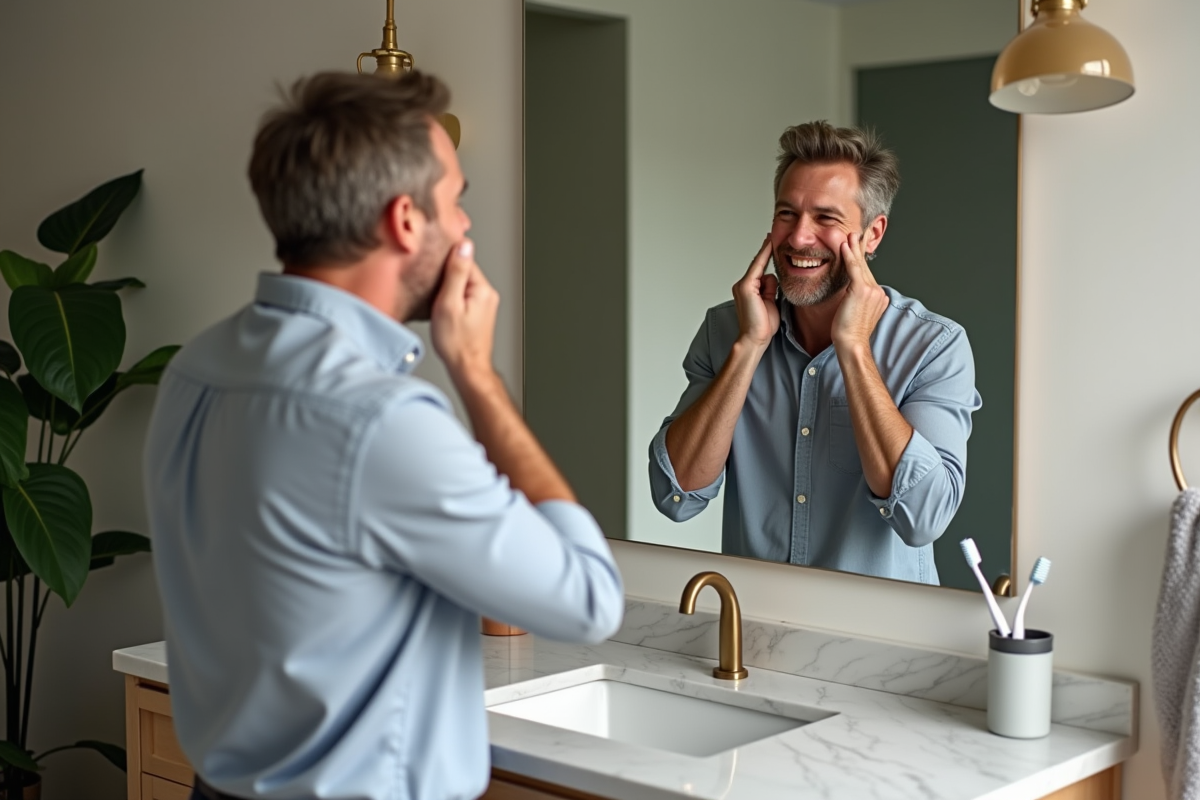 Homme faisant un exercice facial dans la salle de bain