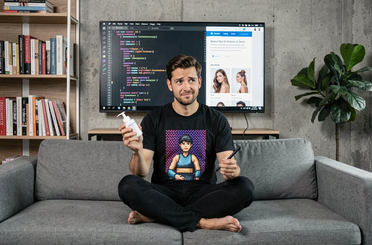 Homme geek tenant un produit de soin devant un écran affichant du code et une maquette de blog beauté dans un appartement moderne