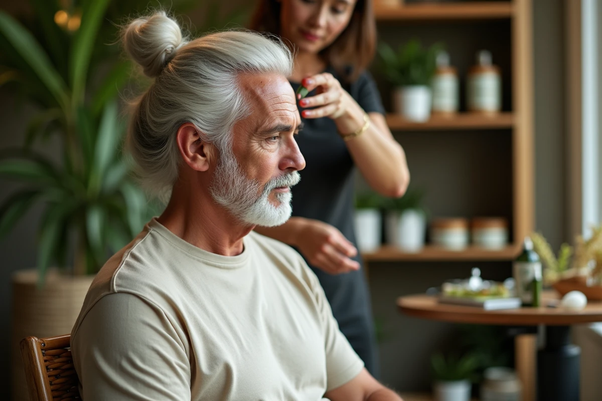 Homme en salon écologique appliquant henné aux racines