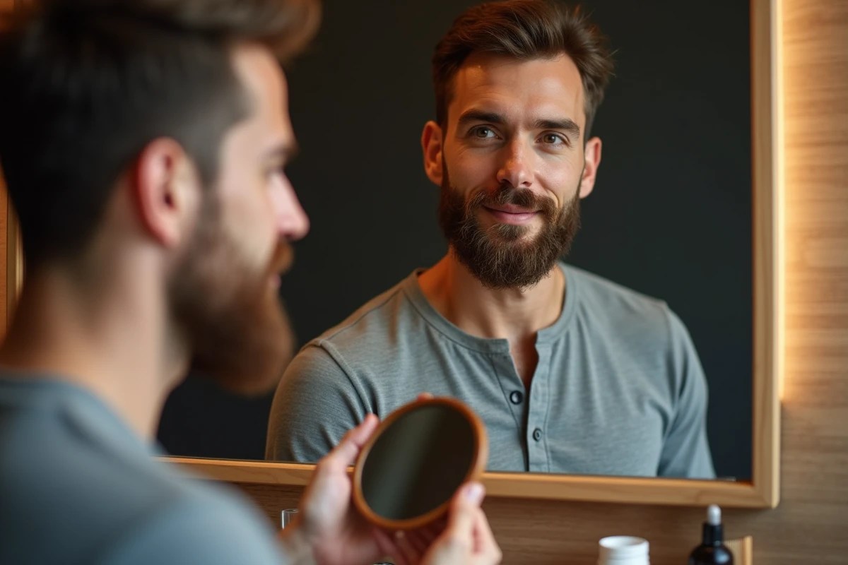 Homme inspectant son bouc fraîchement taillé dans un miroir à main avec des produits de soin barbe disposés sur une commode en bois