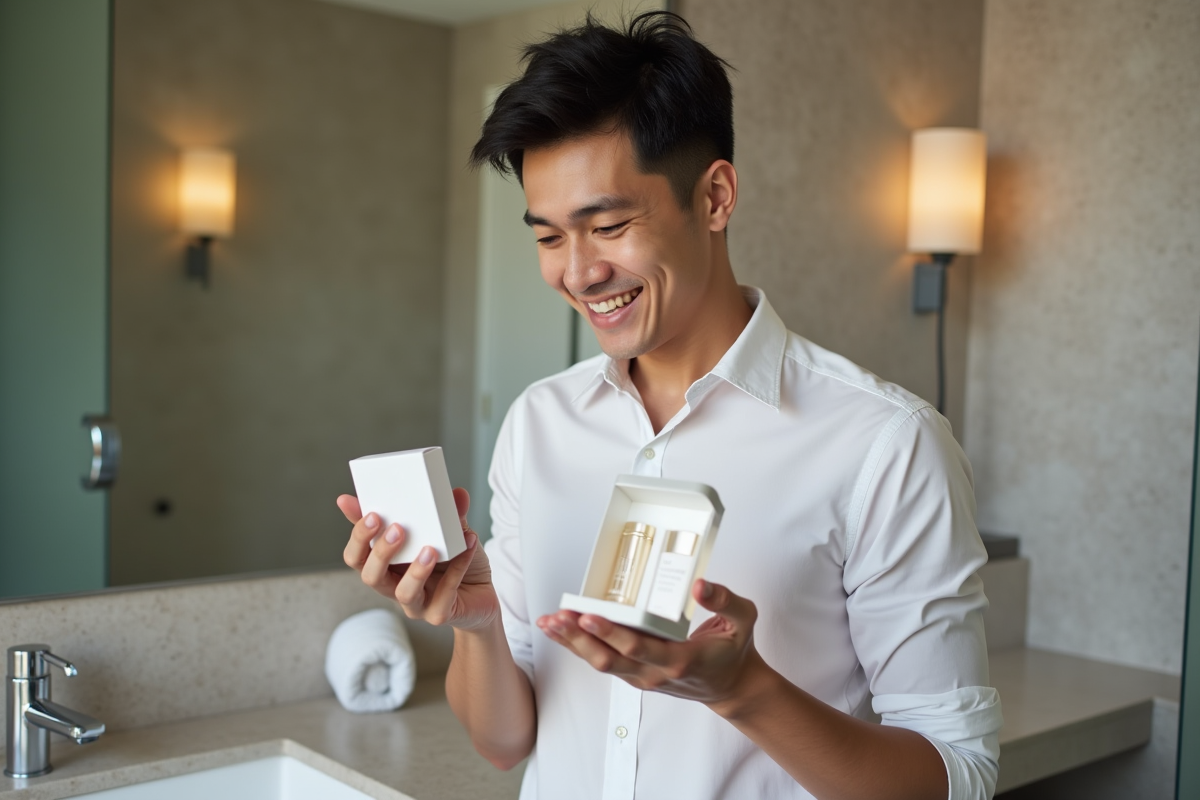 Jeune homme examine un produit de soin dans une salle de bain élégante