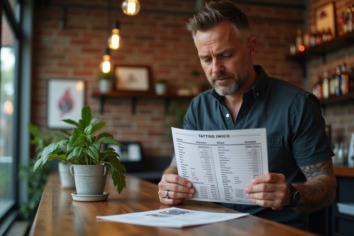 Homme examinant un tableau de prix dans un studio de tatouage
