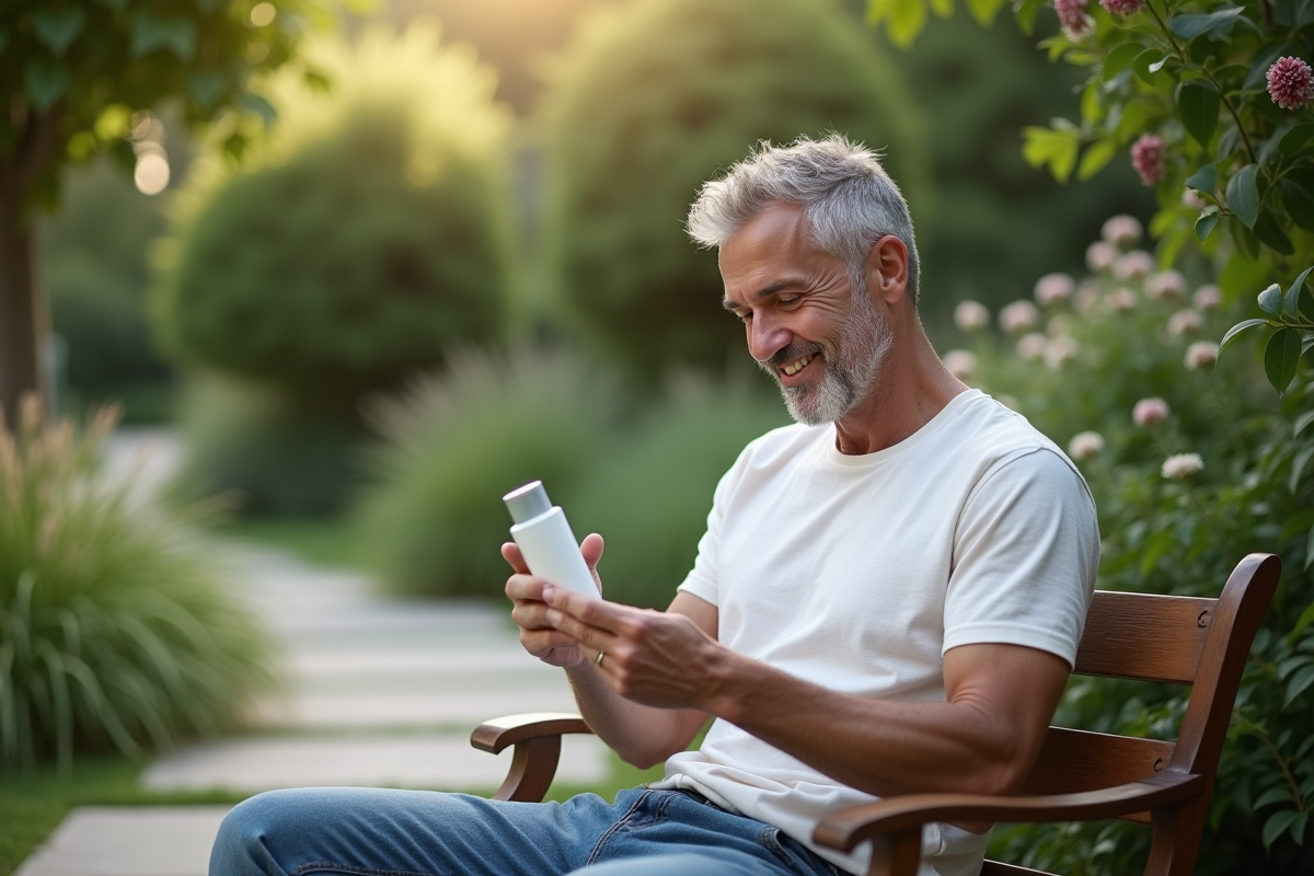 Homme lisant une étiquette de produit de soin dans un jardin