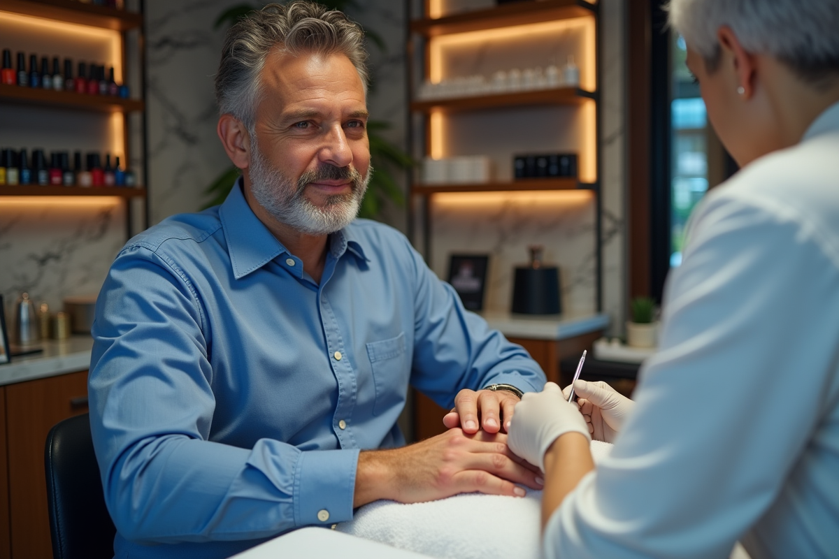 Homme recevant une manucure dans un salon élégant