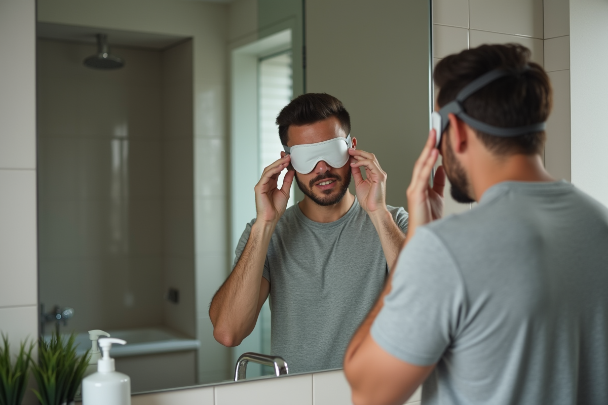 Homme appliquant un masque pour les yeux dans la salle de bain
