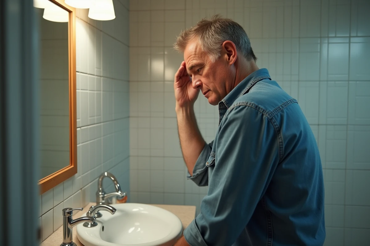 Homme regardant ses cheveux dans un miroir de salle de bain