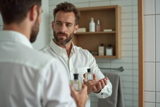 Homme dans la trentaine appliquant un parfum Lidl dans une salle de bain minimaliste au style scandinave