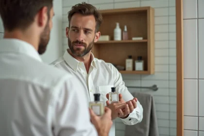 Homme dans la trentaine appliquant un parfum Lidl dans une salle de bain minimaliste au style scandinave