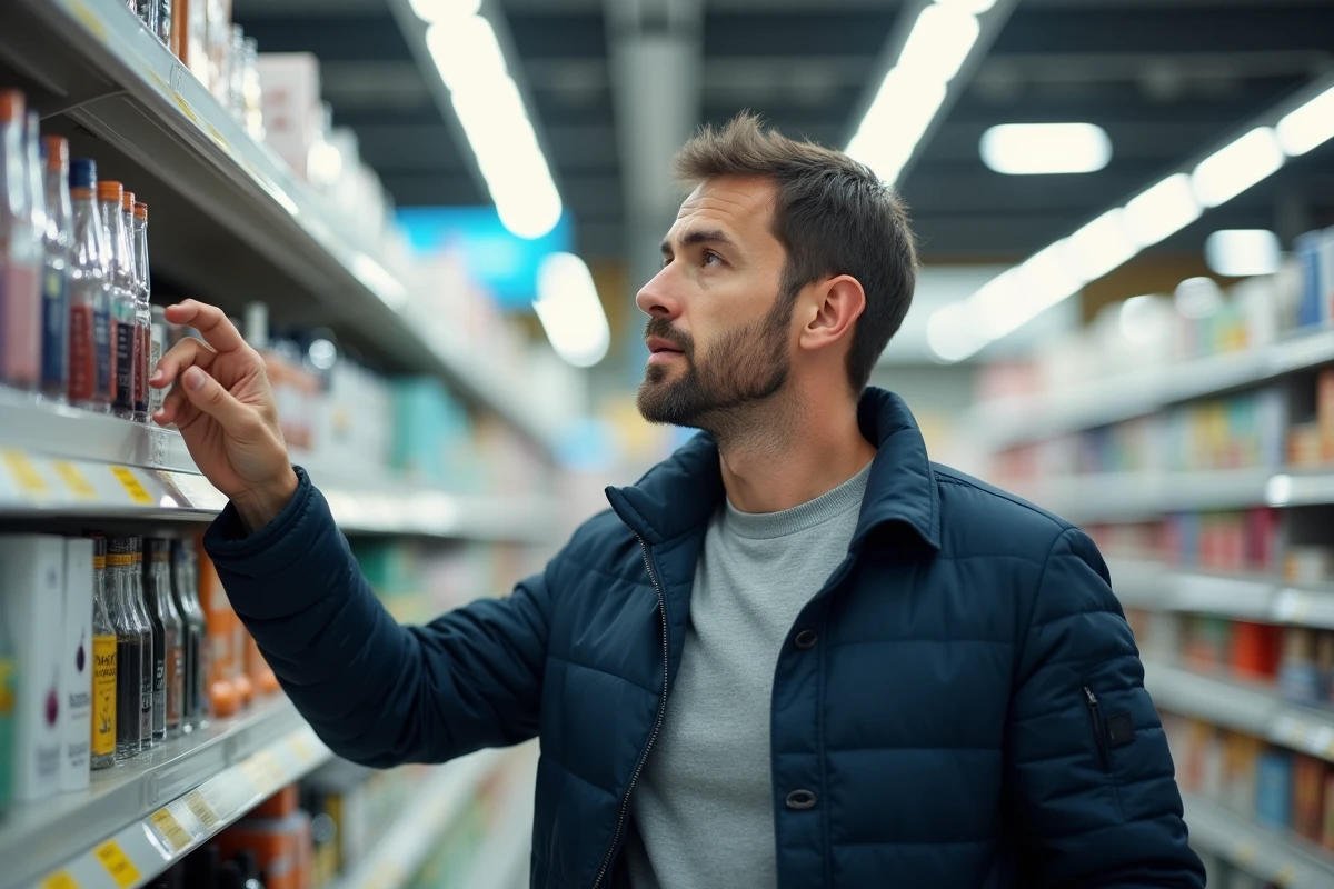 Homme adulte examinant des flacons de parfum abordables dans le rayon parfumerie d'un magasin Lidl