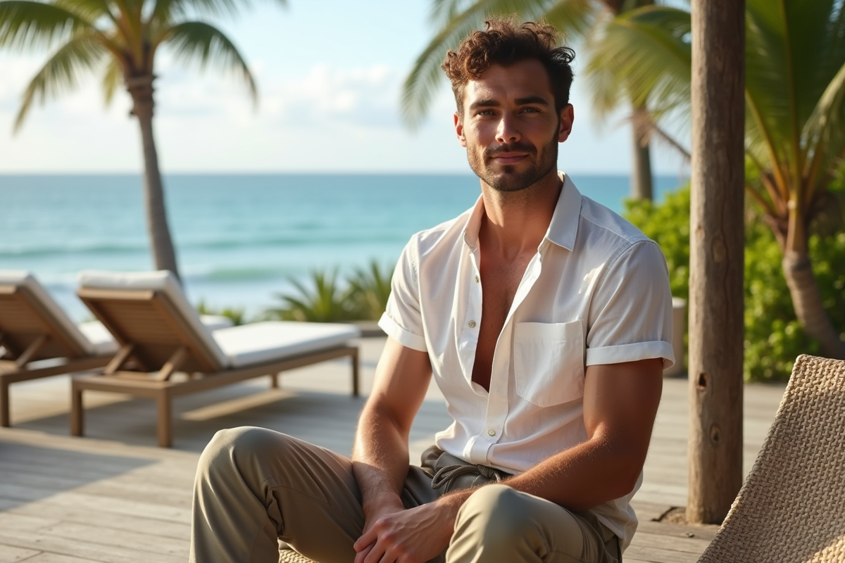 Homme en pantalon léger sur la terrasse face à la mer