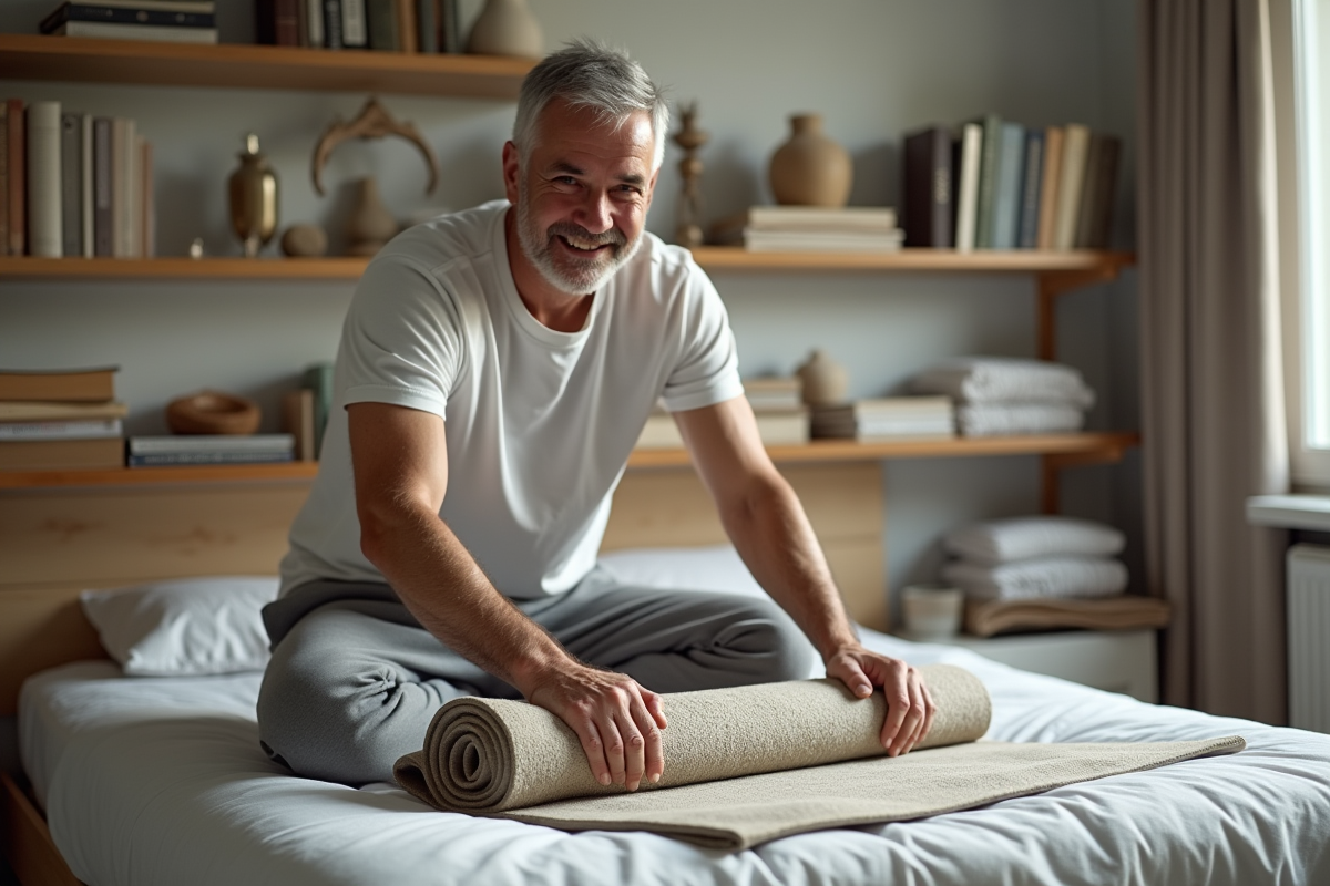 Homme en train de rouler un matelas de massage dans une chambre lumineuse