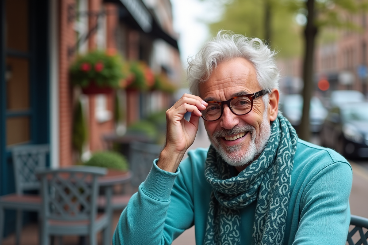 Homme souriant ajustant ses lunettes en terrasse de café