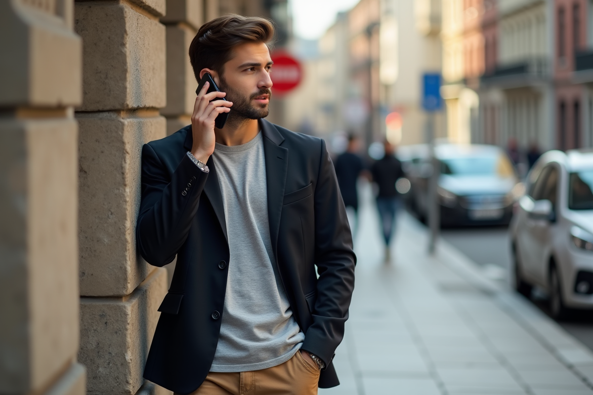 Jeune homme en street style parlant au téléphone