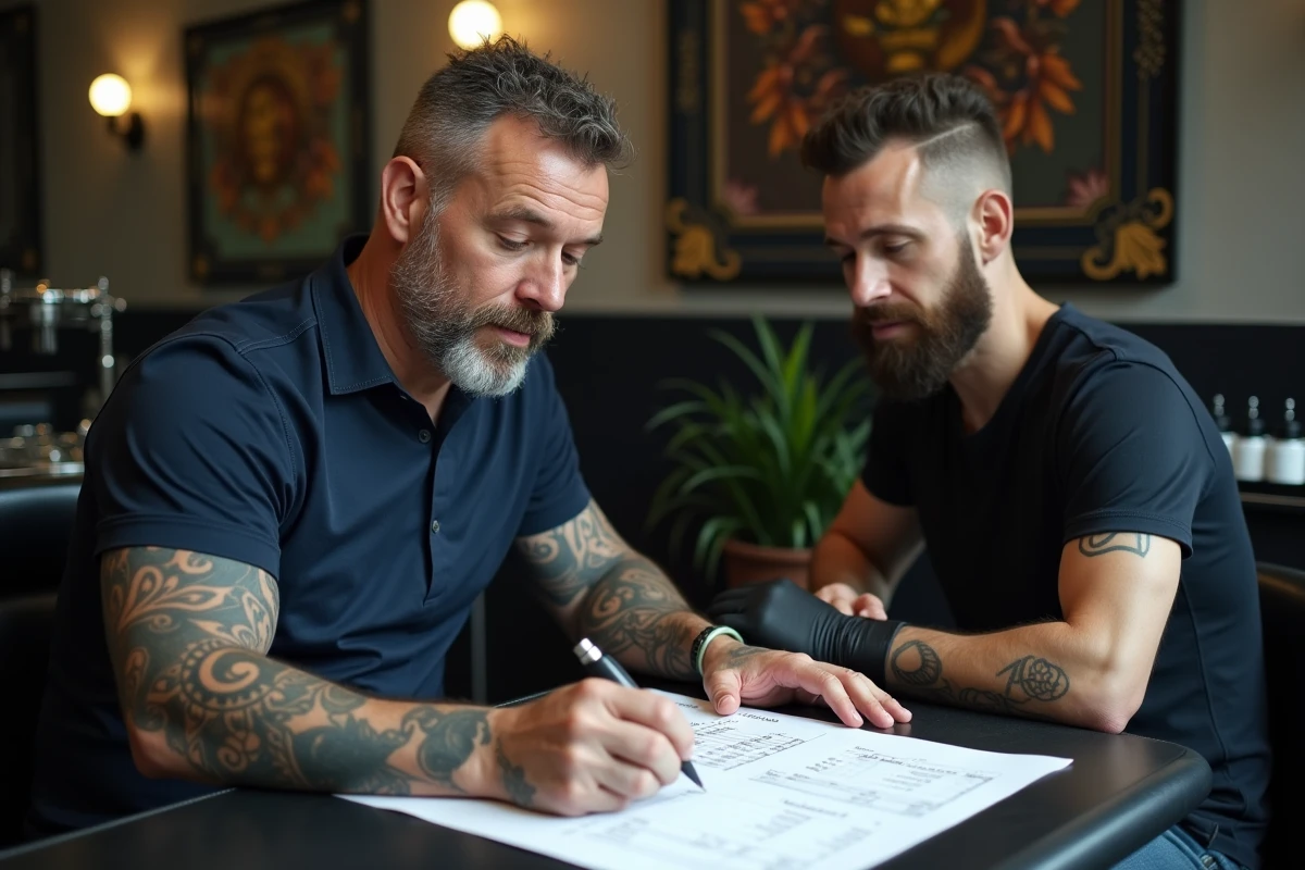 Homme discutant avec un tatoueur dans un studio moderne