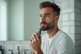 Homme dans la trentaine taillant son bouc avec une tondeuse de précision devant un miroir de salle de bain moderne