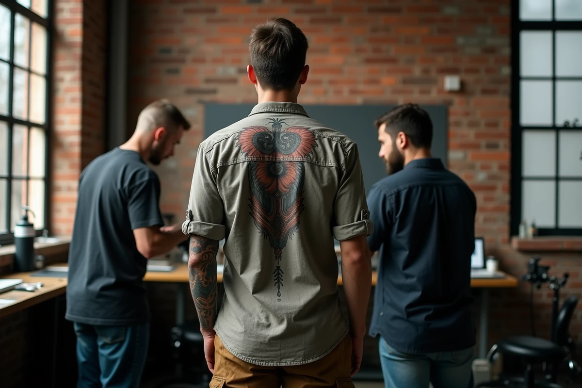 Homme en loft industriel montrant son tatouage en cours