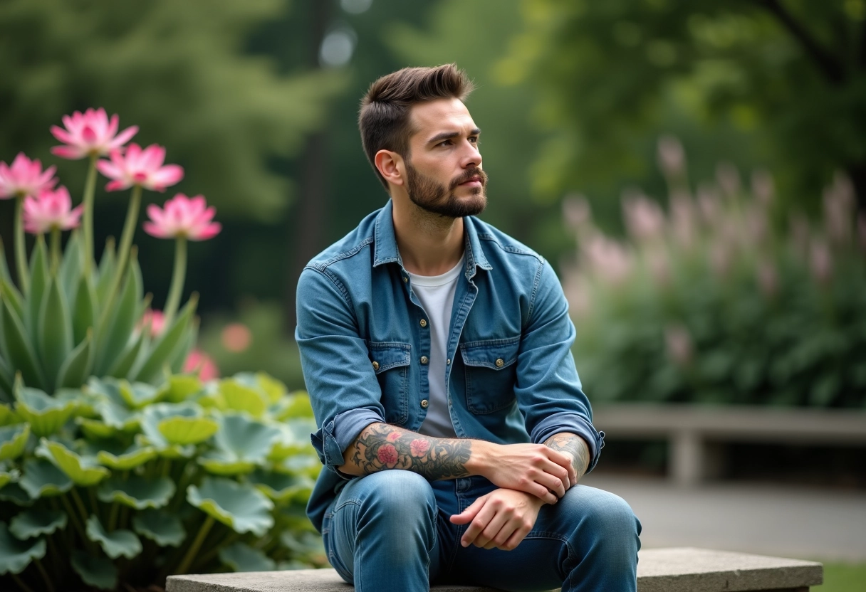 Homme avec tatouages floraux dans un jardin botanique