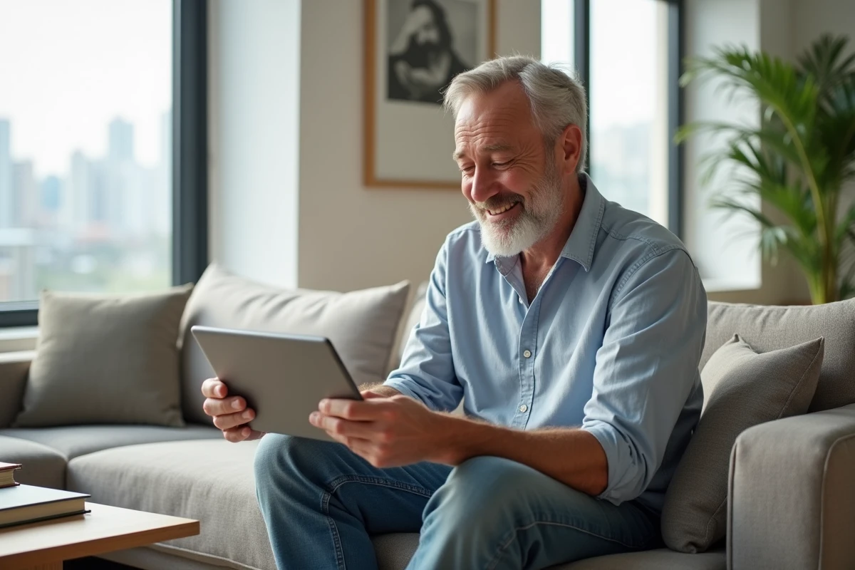 Homme souriant utilisant un appareil technologique dans un salon lumineux