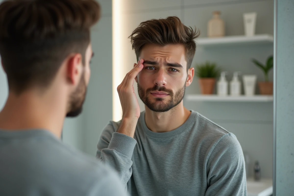 Jeune homme vérifiant ses sourcils dans un miroir